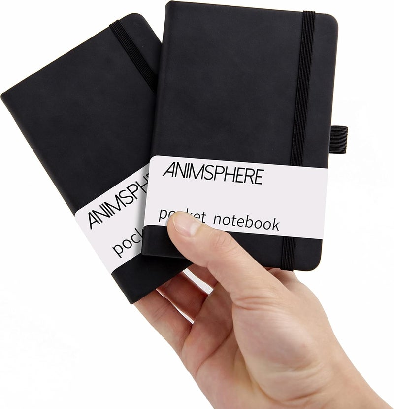 Animusphere 2Pack Pocket Notebook Small Notebook Journal Notebook 4 inches x 5.7 inches 200 Pages Leather Cover With Pen Holder Page Marker Ribbons(Black) - Image 1